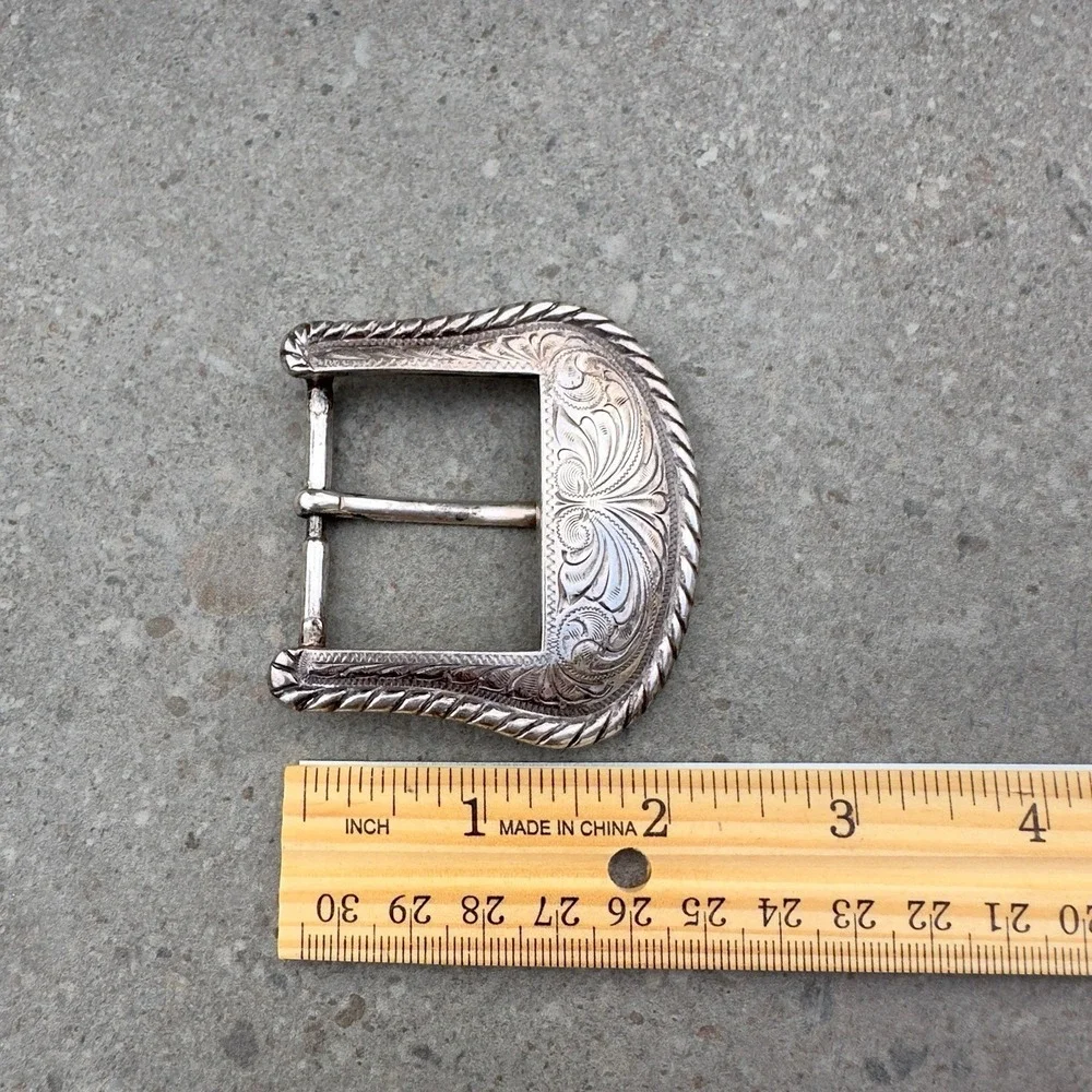 VTG Western Silverplate Belt Buckle Engraved Floral Scroll Cowboy Rope Border